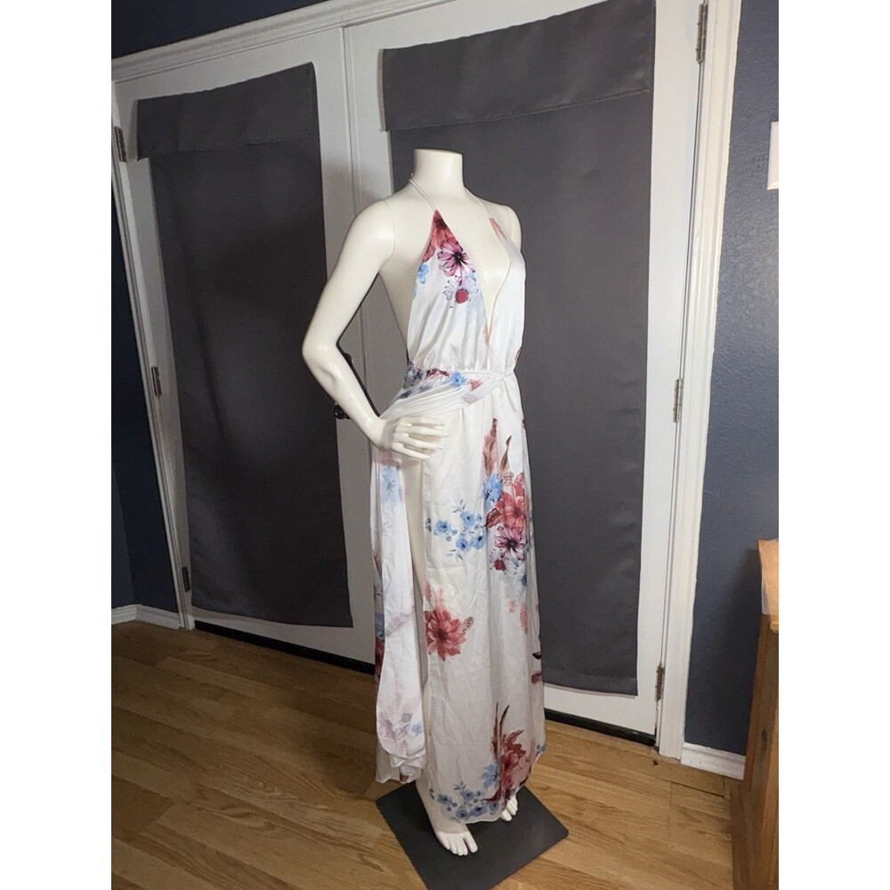 Flowy Low-Cut Fit-Flare High Split Maxi Strappy Floral Beach Dress White Small - Picture 2 of 7